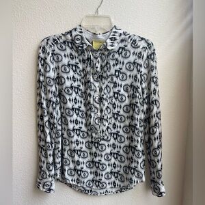 Anthropologie Maeve Top Shirt Womens 2 Anni Novelty Bicycle Print Pintuck Collar